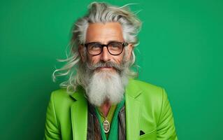 60 year old fashionable hipster man portrait on bright green background photo