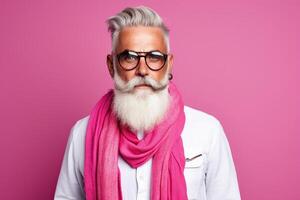 60 year old fashionable hipster man portrait on bright pink background photo