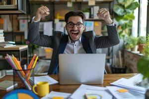 Happy excited young Hispanic business man accountant standing at the desk working on laptop computer with a pile of documents on table in office and making yes gesture rejoicing in successful job. photo