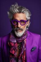 60 year old fashionable hipster man portrait on bright purple background photo