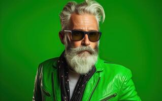 60 year old fashionable hipster man portrait on bright green background photo