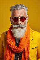 60 year old fashionable hipster man portrait on bright yellow background photo