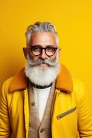 60 year old fashionable hipster man portrait on bright yellow background photo