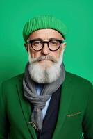 60 year old fashionable hipster man portrait on bright green background photo