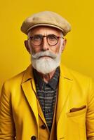 60 year old fashionable hipster man portrait on bright yellow background photo