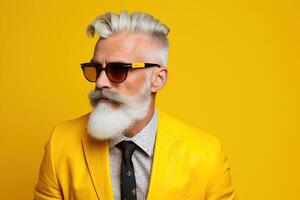 60 year old fashionable hipster man portrait on bright yellow background photo