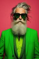 60 year old fashionable hipster man portrait on bright red background photo
