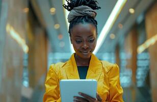 Portrait of a Young Empowered Black Female Business Manager Working on a Tablet Computer in a Modern Office Building. Confident African Specialist Looking Up Documents Online And Smiling In the Hall photo