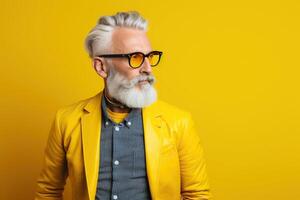 60 year old fashionable hipster man portrait on bright yellow background photo