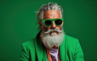 60 year old fashionable hipster man portrait on bright green background photo
