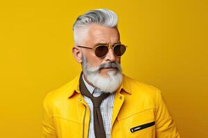 60 year old fashionable hipster man portrait on bright yellow background photo