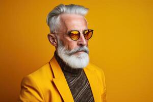 60 year old fashionable hipster man portrait on bright yellow background photo