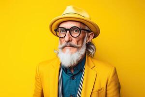 60 year old fashionable hipster man portrait on bright yellow background photo