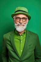 60 year old fashionable hipster man portrait on bright green background photo