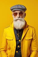 60 year old fashionable hipster man portrait on bright yellow background photo
