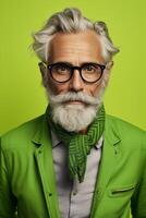 60 year old fashionable hipster man portrait on bright green background photo
