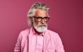 60 year old fashionable hipster man portrait on bright pink background photo
