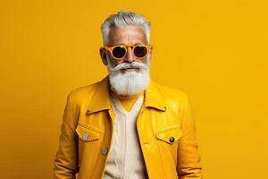 60 year old fashionable hipster man portrait on bright yellow background photo