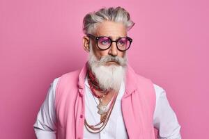 60 year old fashionable hipster man portrait on bright pink background photo