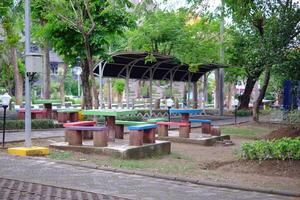 a vibrant garden setting featuring colorful picnic tables in the shade surrounded by lush greenery and shady trees. photo