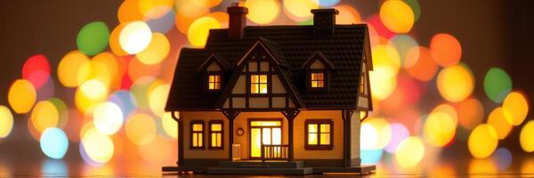 Miniature house illuminated against a backdrop of colorful bokeh lights during the evening hours photo