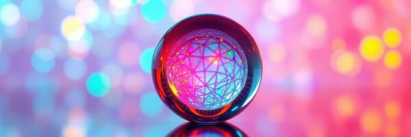 Colorful geometric sphere reflecting lights with intricate patterns during a vibrant event photo