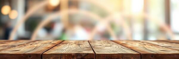 Rustic wooden table in a bright, cozy cafe setting during the afternoon with blurred background photo