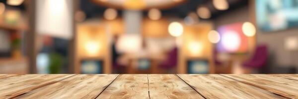 Wooden table in a cozy modern workspace with blurred background of people collaborating photo