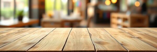 Beautifully crafted wooden table surface in a cozy cafe setting with blurred background of customers photo
