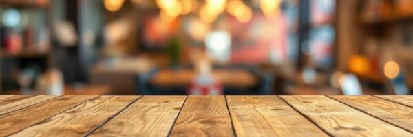 Wooden table surface in a cozy cafe setting with blurred background lighting and furniture photo