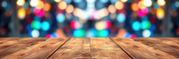 Wooden table with colorful bokeh background and warm lighting in an evening setting photo