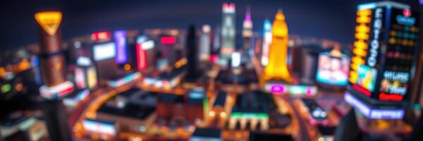 Vibrant city skyline at night showcasing illuminated buildings and bustling streets in an urban setting photo