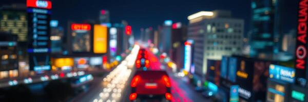 Vibrant city lights illuminate a bustling urban street at night, showcasing dynamic traffic and colorful advertisements photo