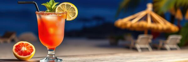 Refreshing tropical cocktail served at a beachside lounge during sunset with vibrant colors photo