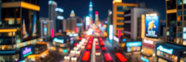Vibrant night cityscape with illuminated buildings and bustling traffic in an urban setting photo