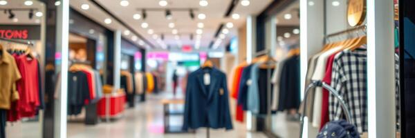 Modern clothing store interior featuring stylish apparel and well-organized displays in a vibrant retail space photo