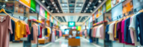 Colorful clothing display in a modern retail store with bright lights and organized layout photo