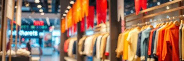 Brightly colored clothing displays attract shoppers in a modern retail store during the afternoon photo