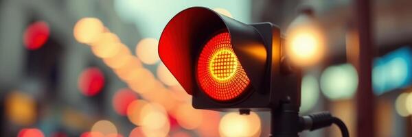 Traffic signal illuminating red light during busy urban evening, highlighting road safety measures and pedestrian awareness photo