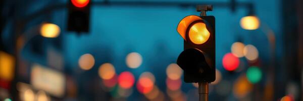 Traffic light at dusk illuminating busy intersection with vibrant city lights in the background photo