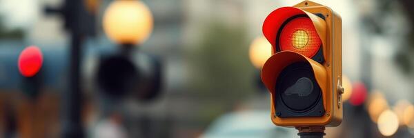 Traffic light displaying yellow signal at a busy intersection during late afternoon hours photo