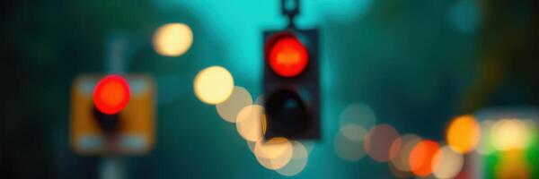 Traffic lights glow red at dusk in a busy city, signaling vehicles to stop and pedestrians to cross safely photo