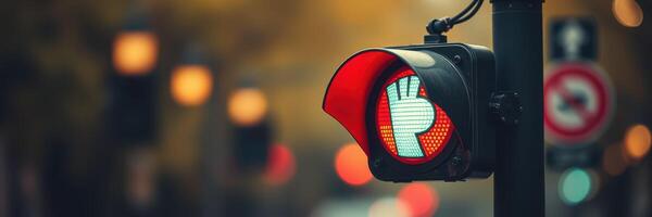 Traffic signal displaying red hand signifying stop for pedestrians in an urban setting during evening hours photo