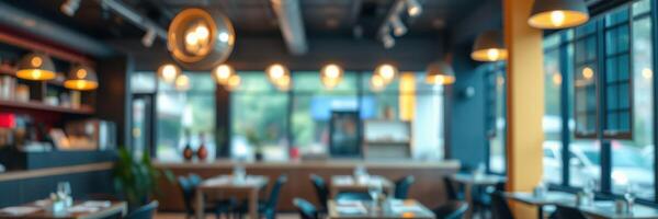 Modern restaurant interior with warm lighting and cozy seating arrangement for lunchtime dining experience photo