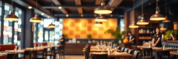 Modern restaurant interior with warm lighting and contemporary design during evening hours photo