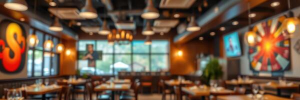 Modern restaurant interior featuring artistic decor and warm ambient lighting in a city setting during dinner hours photo