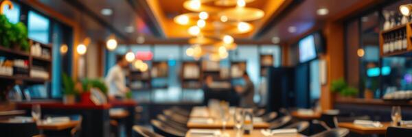 Stylish restaurant interior featuring modern decor and warm lighting during a busy evening service photo