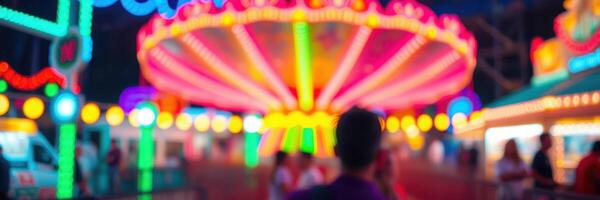 Colorful carnival rides light up a festive evening with joyful crowds enjoying the attractions and entertainment under a night sky photo