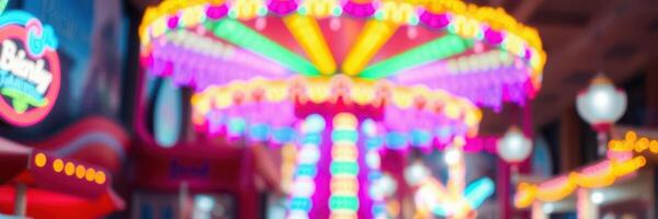 Colorful amusement park ride illuminated with bright lights in a festive indoor environment at nighttime photo