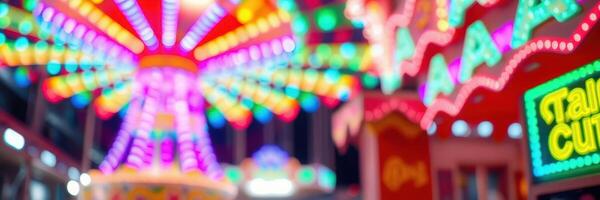 Colorful carnival lights illuminate the night sky at a vibrant fairground in an urban setting photo